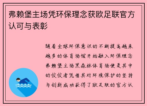 弗赖堡主场凭环保理念获欧足联官方认可与表彰